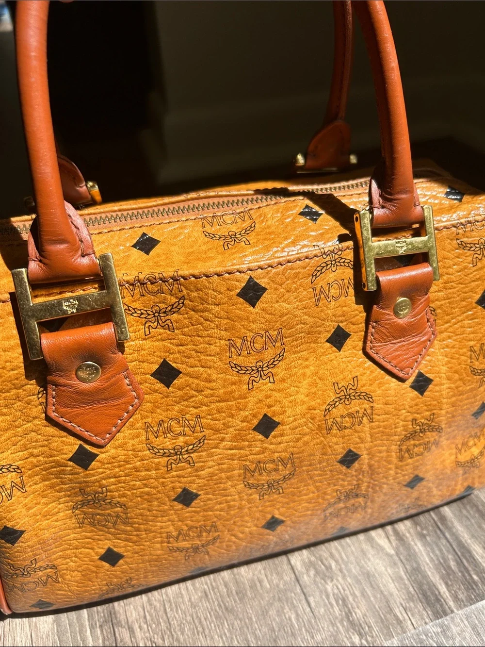 MCM Cognac Visetos Satchel with Gold Hardware and Brown Handles